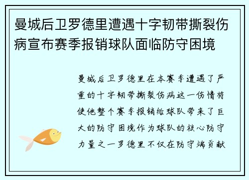 曼城后卫罗德里遭遇十字韧带撕裂伤病宣布赛季报销球队面临防守困境