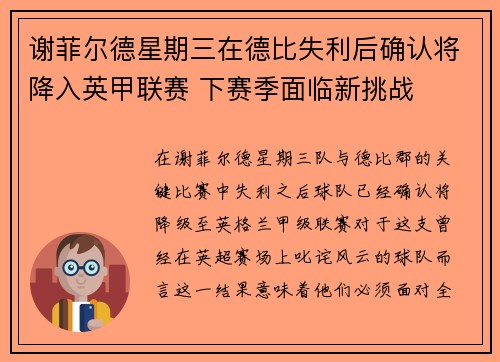 谢菲尔德星期三在德比失利后确认将降入英甲联赛 下赛季面临新挑战 谢菲尔德星期三在德比失利后确认将降入英甲联赛 下赛季面临新挑战